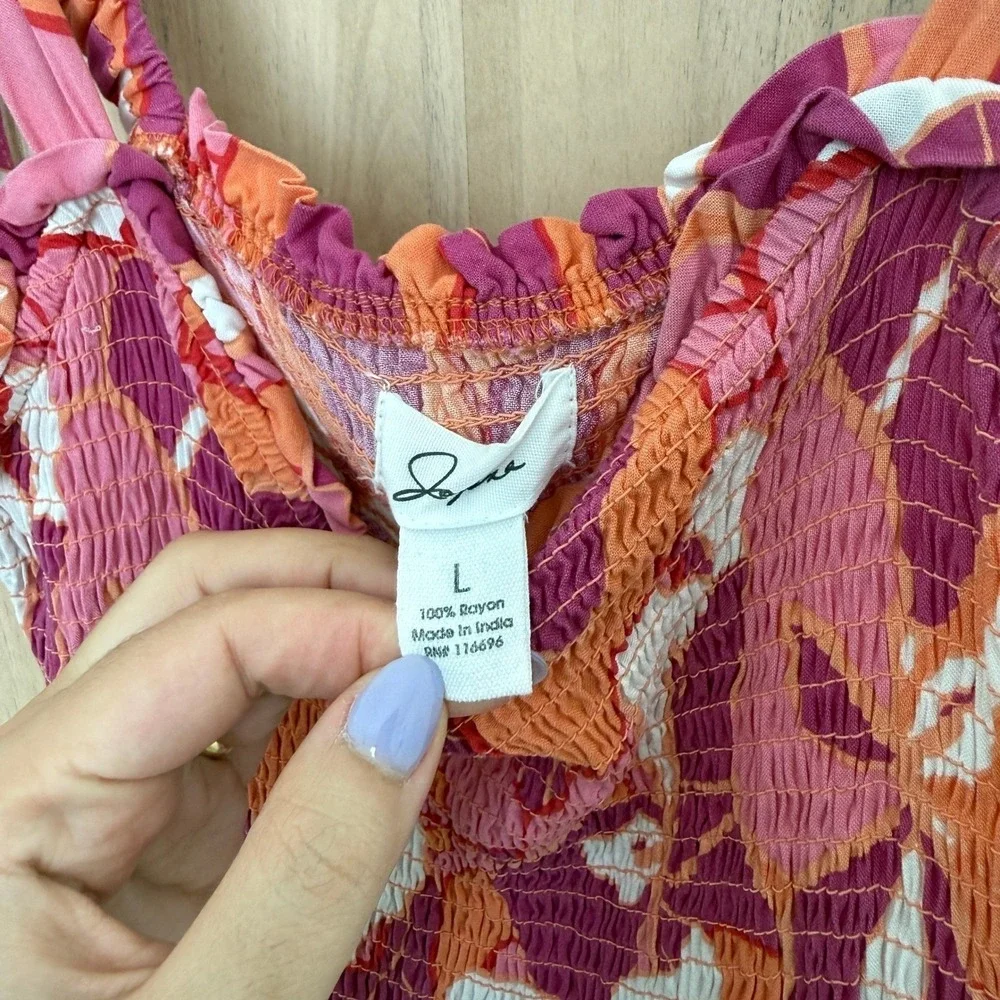 Floral Tiered Maxi Dress Size Large Pink Smocked Tie Shoulder Boho Resort Summer - Picture 5 of 7
